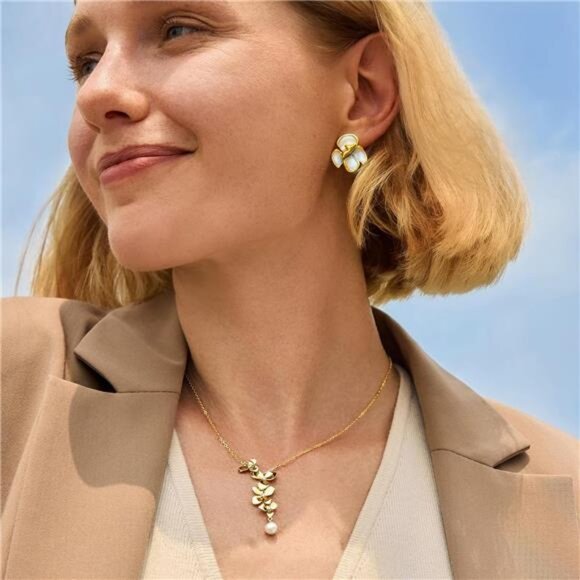 18K Gold Plated Flower Pendant Necklace | CZ Orchid Design with Shell Pearl - Picture 5 of 5